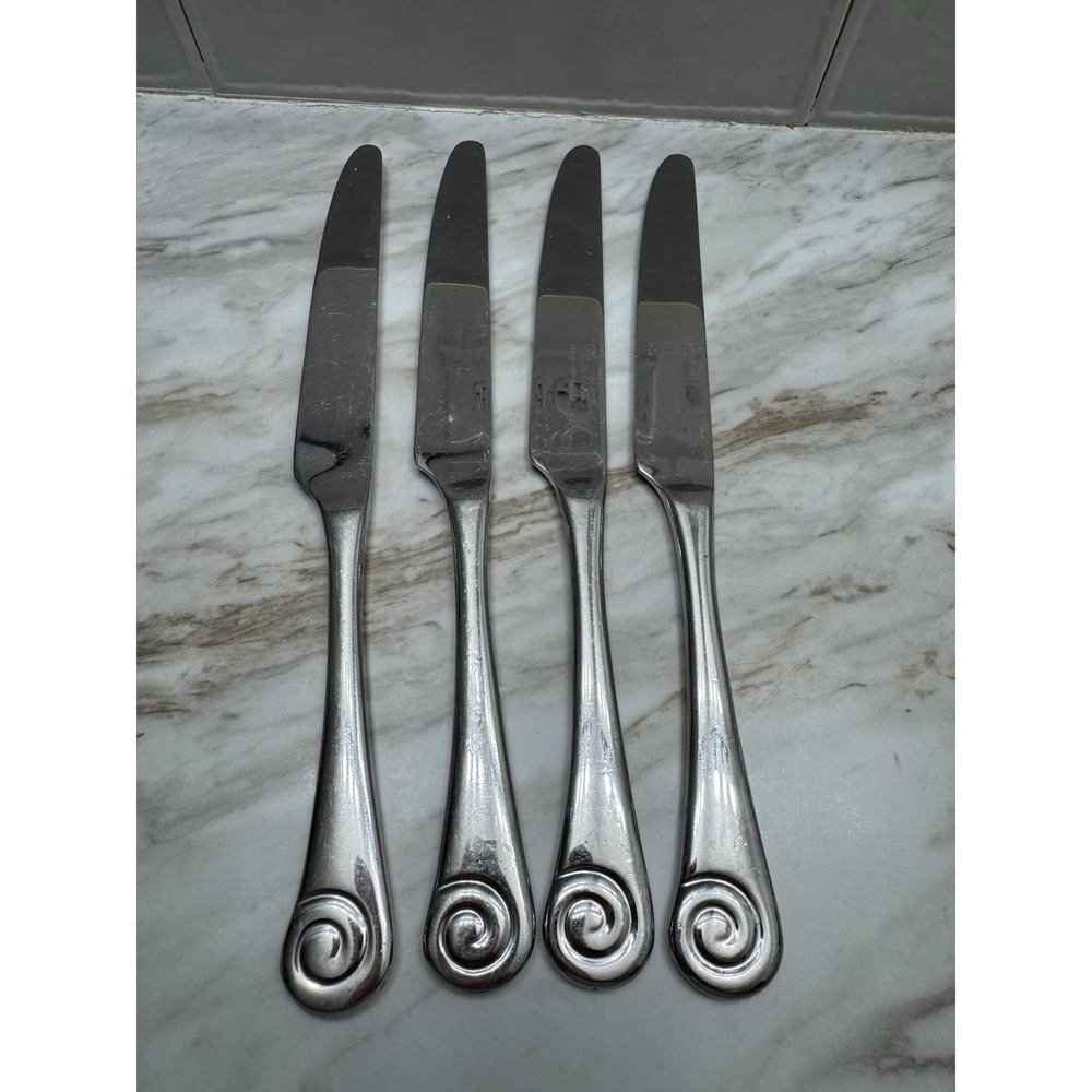 Robert Welch Stainless AMMONITE Satin Dinner Knife Swirl Flatware 4 Knives